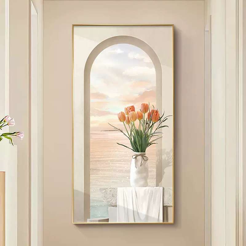 奶油风玄关装饰画海景日出绿植花卉壁画北欧竖版高档走廊过道挂画图片