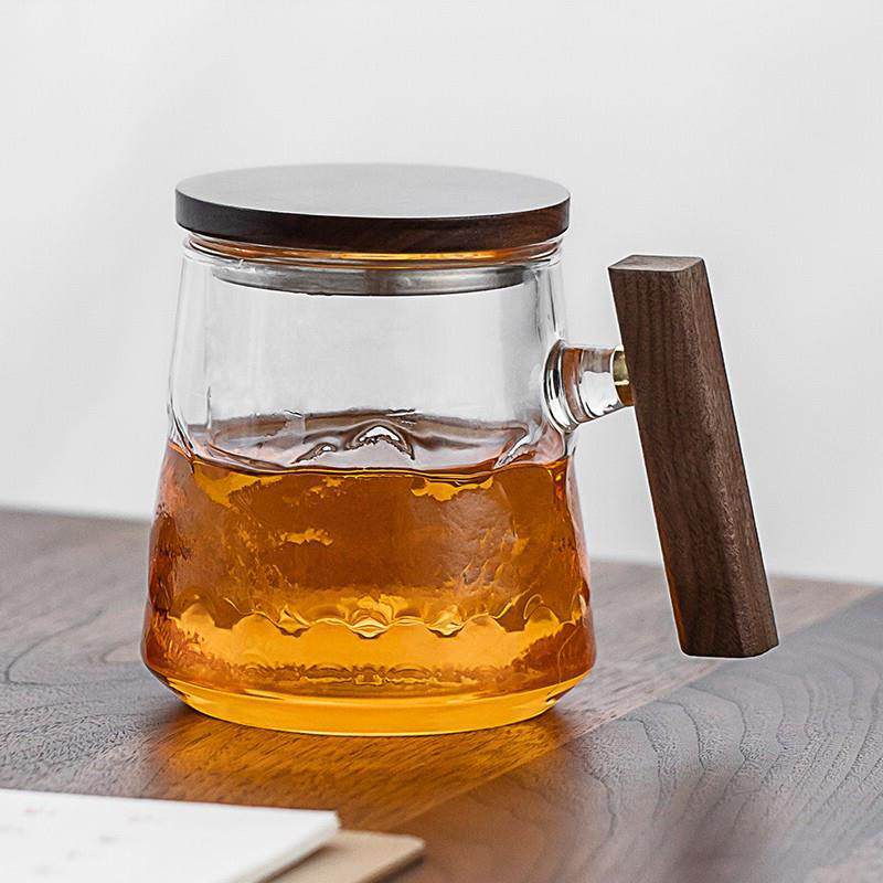 金镶玉玻璃茶杯高硼硅耐高温木把玻璃杯可过滤清灵木把泡茶杯