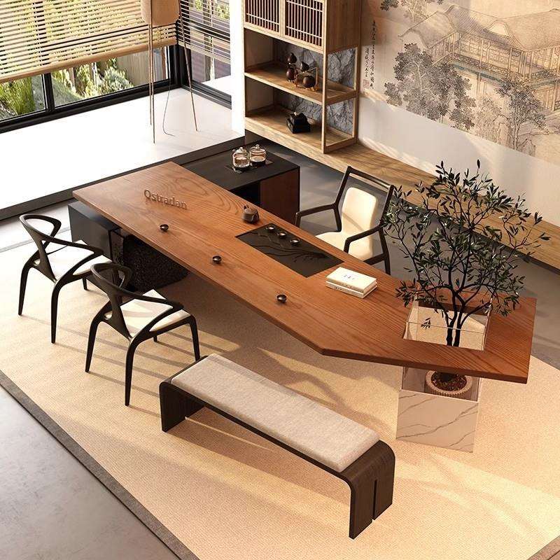 实木茶桌带茶盘内嵌烧水壶一体现代简约茶室茶台设计师办公泡茶桌