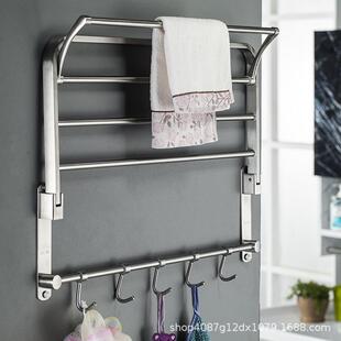 304不锈钢拉丝可折叠浴巾架卫生间置物架打孔带挂钩5060长毛巾架