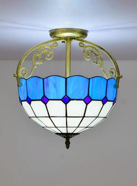 30CM欧琈蒂凡尼地中海蓝色彩色玻璃餐厅过道走廊浴室琉璃半吸顶灯