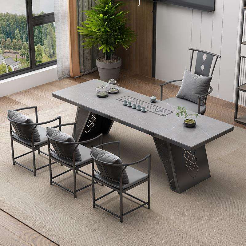 轻奢岩板2.4米茶桌椅组合现代简约公司茶室接待茶台办公一体泡茶