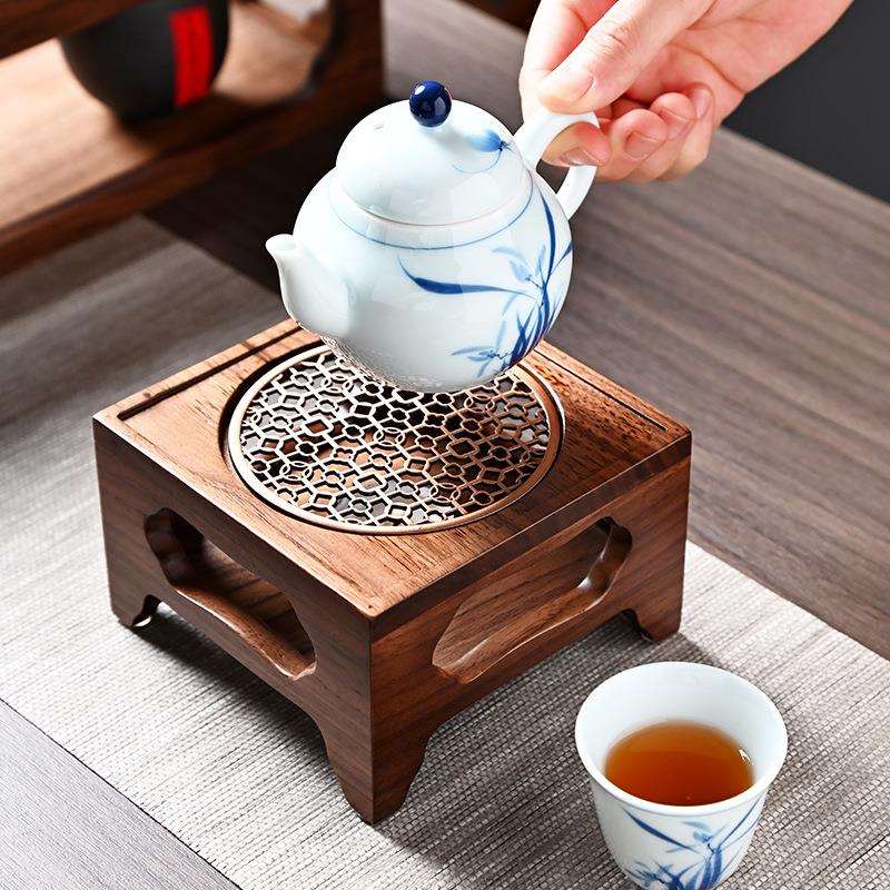 温茶炉北美黑胡桃木实木底座温酒暖茶炉蜡烛加热新中式围炉煮茶器