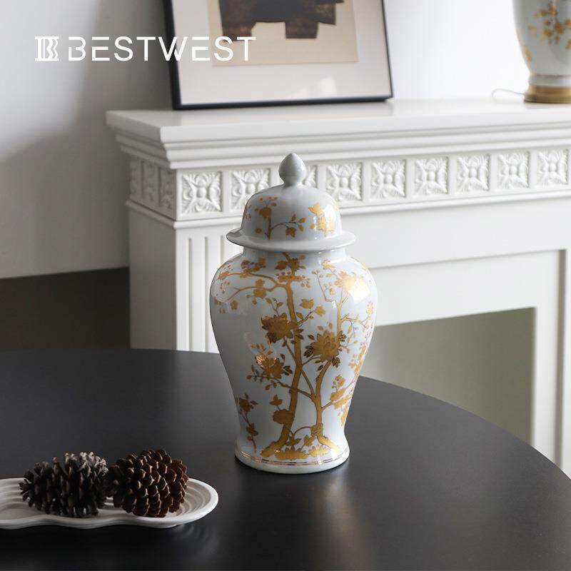 Best west 中式描金色海棠陶瓷花瓶台灯家居轻奢储藏罐装饰品套装