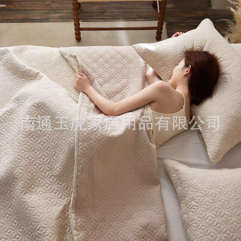 高端天丝棉麻床盖三件套轻奢简约纯色夹棉绗缝大床单四季通用床品