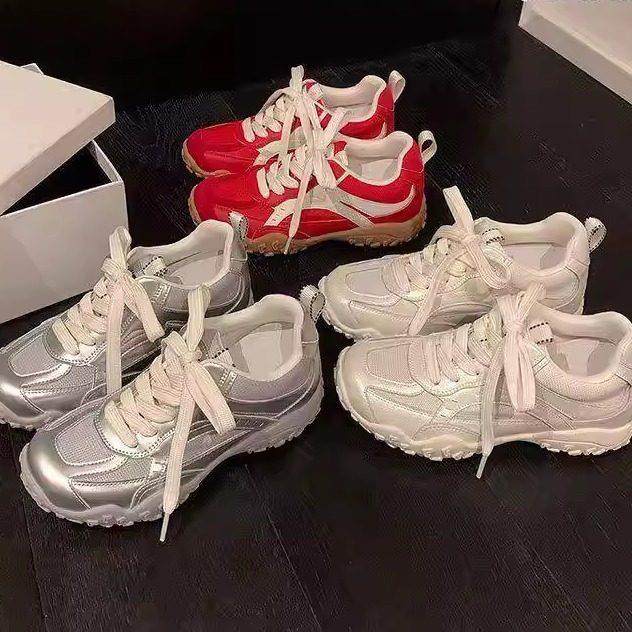 2025新款夏季红色厚底透气网面老爹鞋女系带德训鞋百搭运动休闲鞋,女鞋,德训鞋,淘宝优惠券,粉丝福利购,淘宝优惠卷