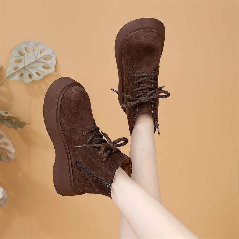 厚底绒面马丁靴女款2025新款秋冬加绒小个子百搭舒适英伦风短靴子