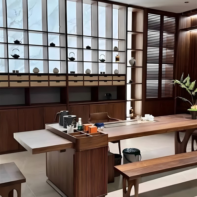 新中式黑胡桃木茶桌椅组合现代家用实木泡K茶办公桌轻奢餐桌茶台