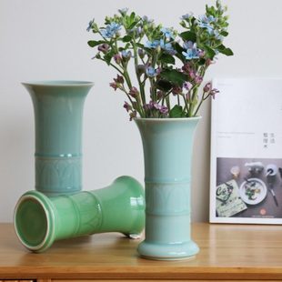 龙泉青瓷花瓶素色中式插花瓶宽口古典家居摆件装饰干花陶瓷花觚瓶