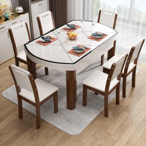 实木餐桌椅组合现代简约钢化玻璃家用可折叠吃饭桌子小户型电磁炉