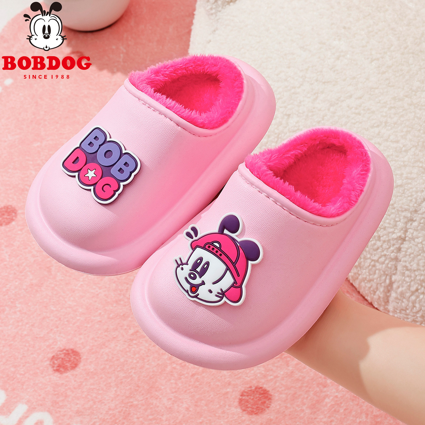 巴布豆2025新款女童棉拖鞋防水冬季宝宝室内家居儿童毛毛包跟拖鞋
