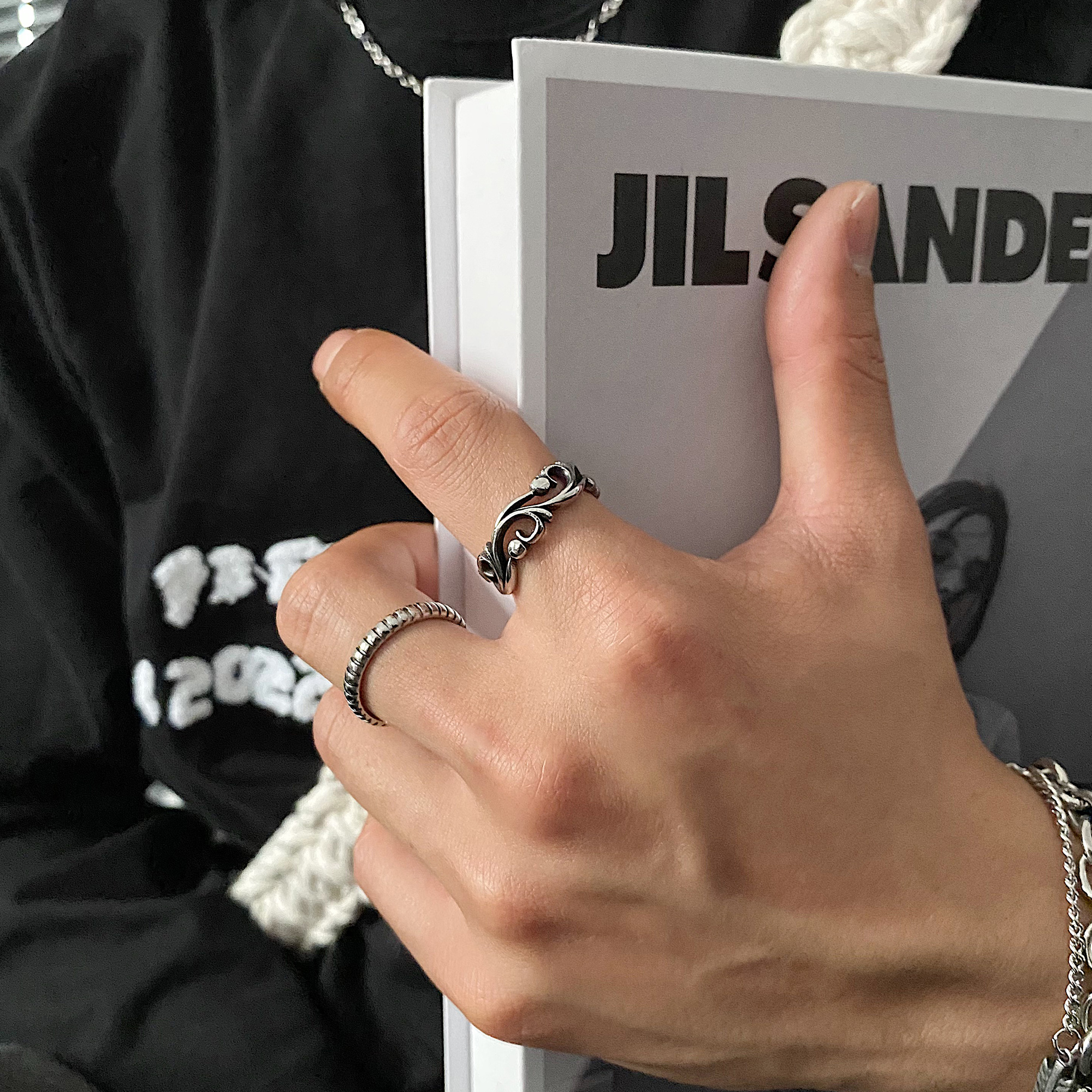 SAZ 镂空复古戒指男q纹理异形做旧古银指环百搭情侣冷淡风对戒配