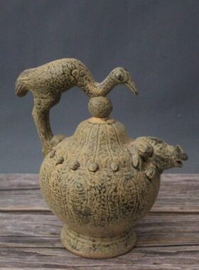 捏雕鹤蛙收藏品倒流货宋越窑壶全手工老古瓷器古典古玩图青瓷装饰