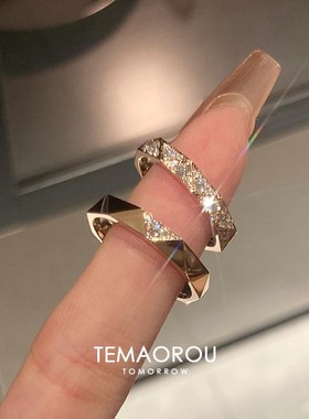 两件套!爆c闪满钻金色素圈光面戒指女款轻奢高级感叠戴食指戒对戒