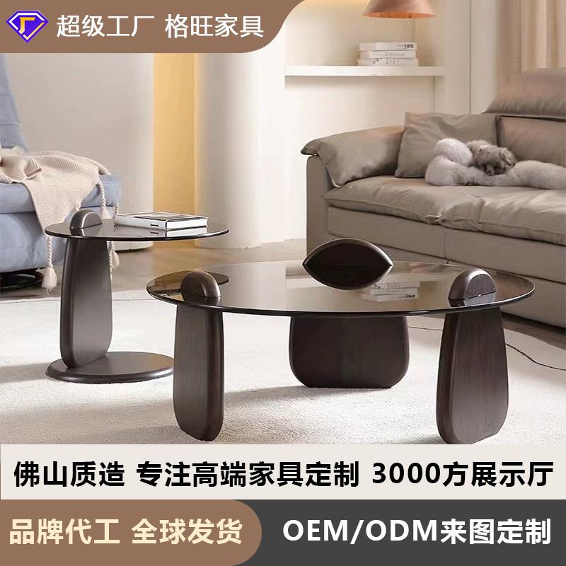 网红钢化玻璃茶几现代简约客厅家用中小户型橡木圆形边几大小组合