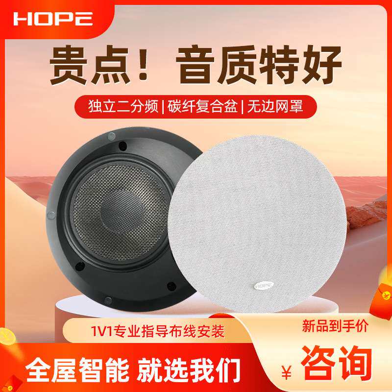 向往HS888 重低音超薄65mm智能背景音乐吸顶音箱天花吊顶喇叭音响