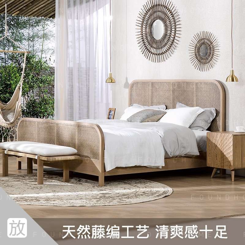 外贸出口简约现代卧室实木编藤双人床北欧原木民宿酒店家具
