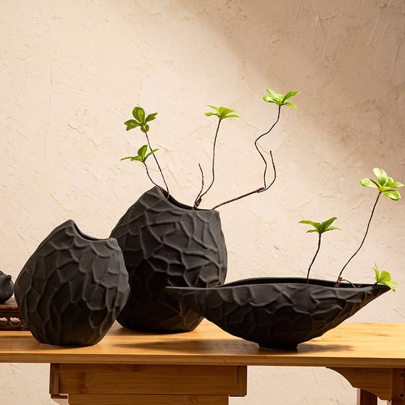 软装磨刻素烧陶瓷花瓶花器花艺术空间装饰品样板房客厅玄关摆件