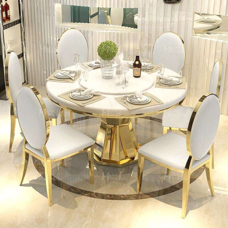 轻奢不锈钢新款大理石餐桌家用餐桌椅吃饭大桌子带转盘圆餐桌家具