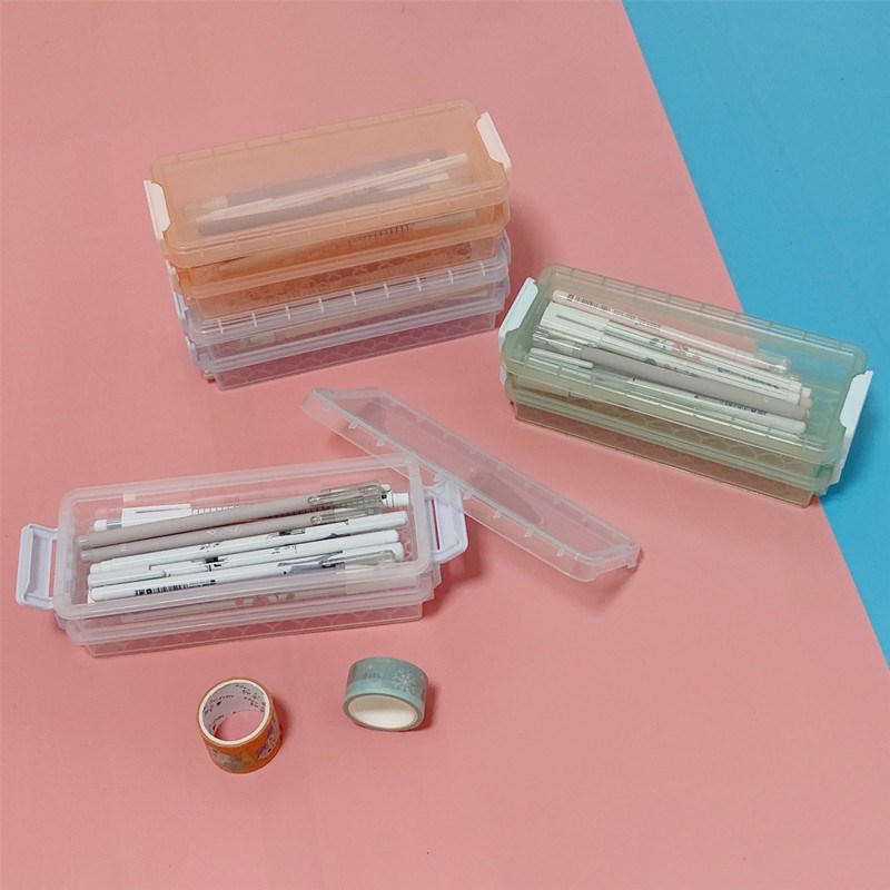 双层透明桌面收纳盒耐摔防尘无异味可H叠加便携铅笔盒学生文具盒