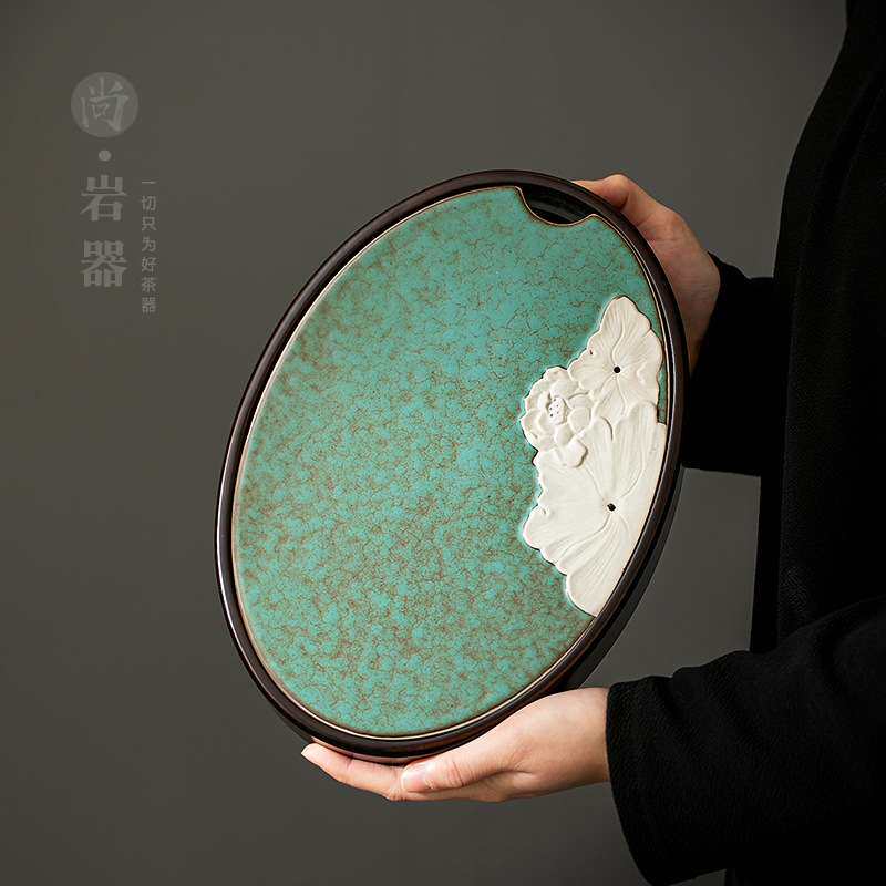 中式粗陶茶盘家用小型茶台沥水排水储水式干泡盘创意椭圆形茶托盘