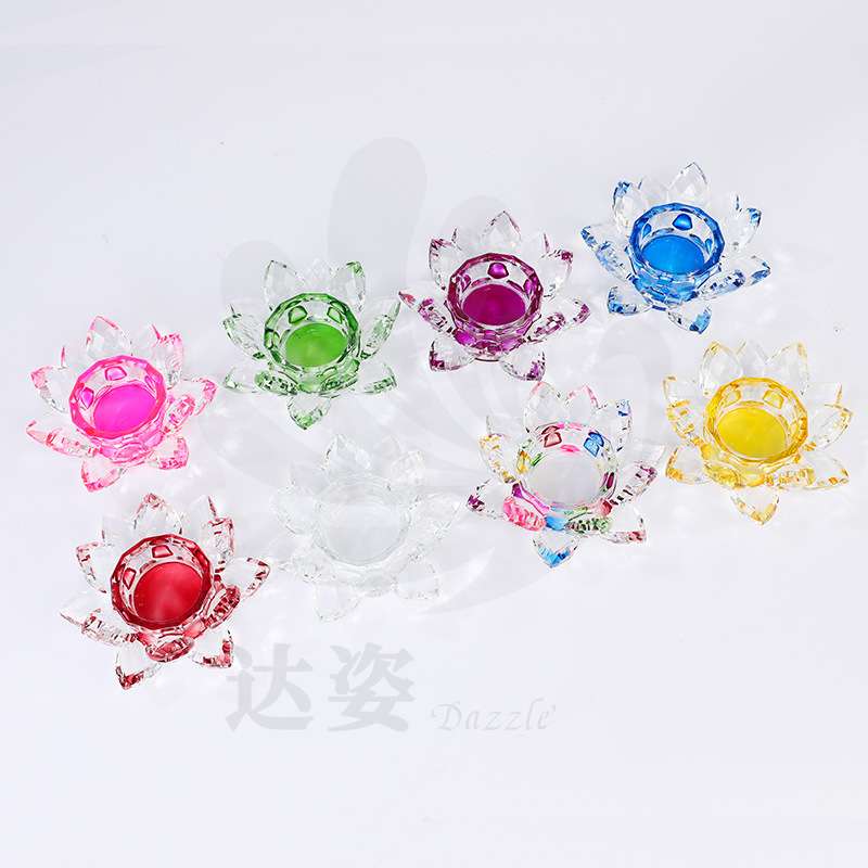 水晶玻璃工艺品莲花烛台带灯底旋转七彩客厅蜡烛台家用供灯摆件