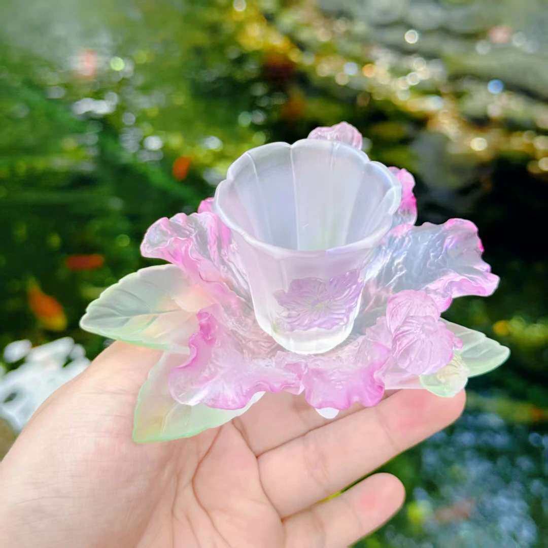 东魅十二花神紫薇花杯杯垫组合套装古法琉璃茶具品茗杯茶室桌面摆