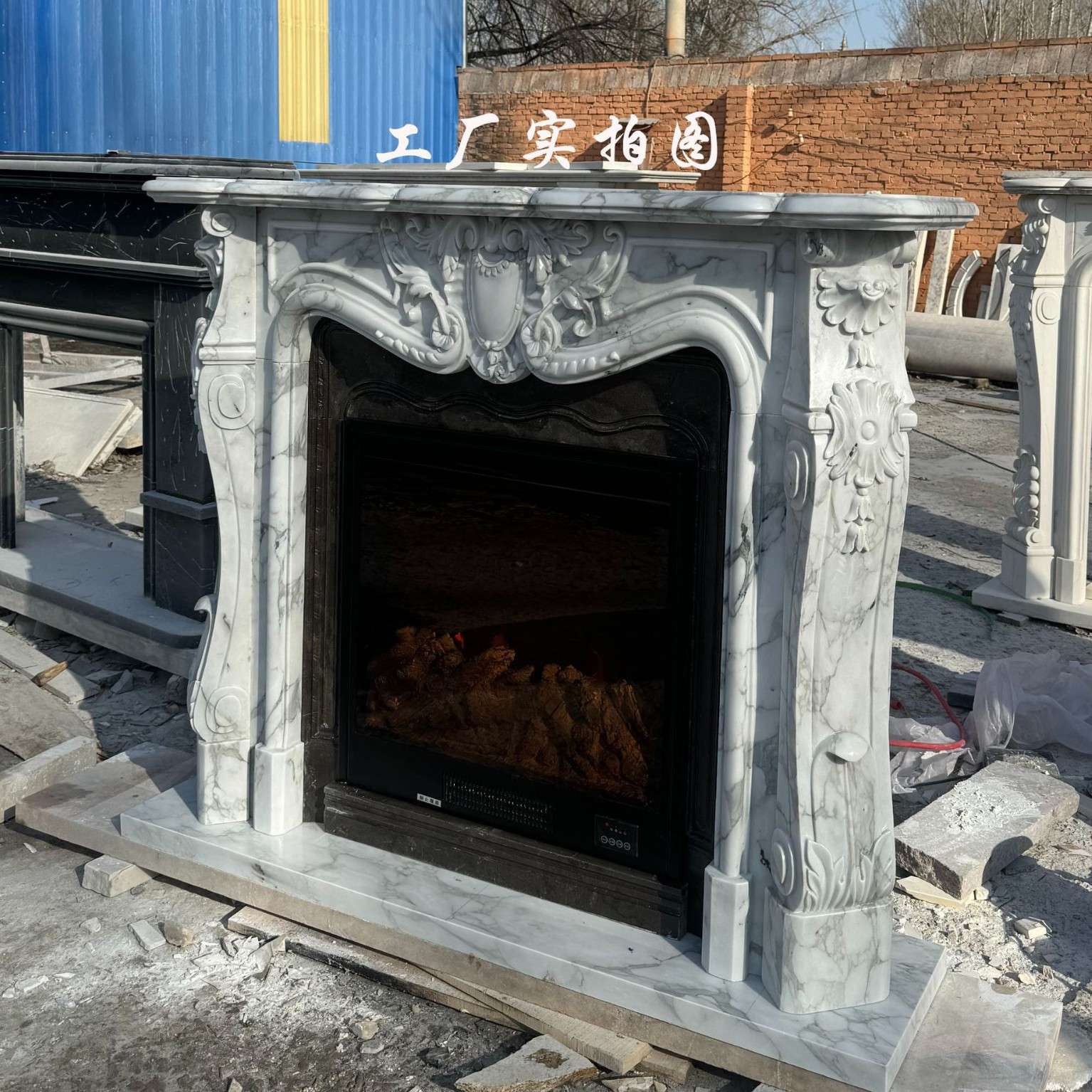 法式轻奢大花白大理石壁炉加上黑青石内衬纯天然石材欧式别墅客厅