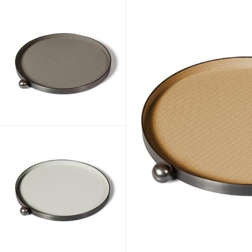 简约金属皮革圆形编织纹托盘轻奢样板间售楼处客厅软装装饰品摆件