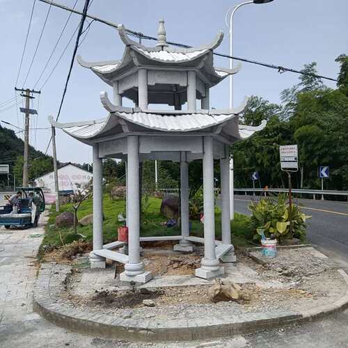 长廊景区公园石亭子晚霞红石亭子户外庭院园林中式双层六角石凉亭