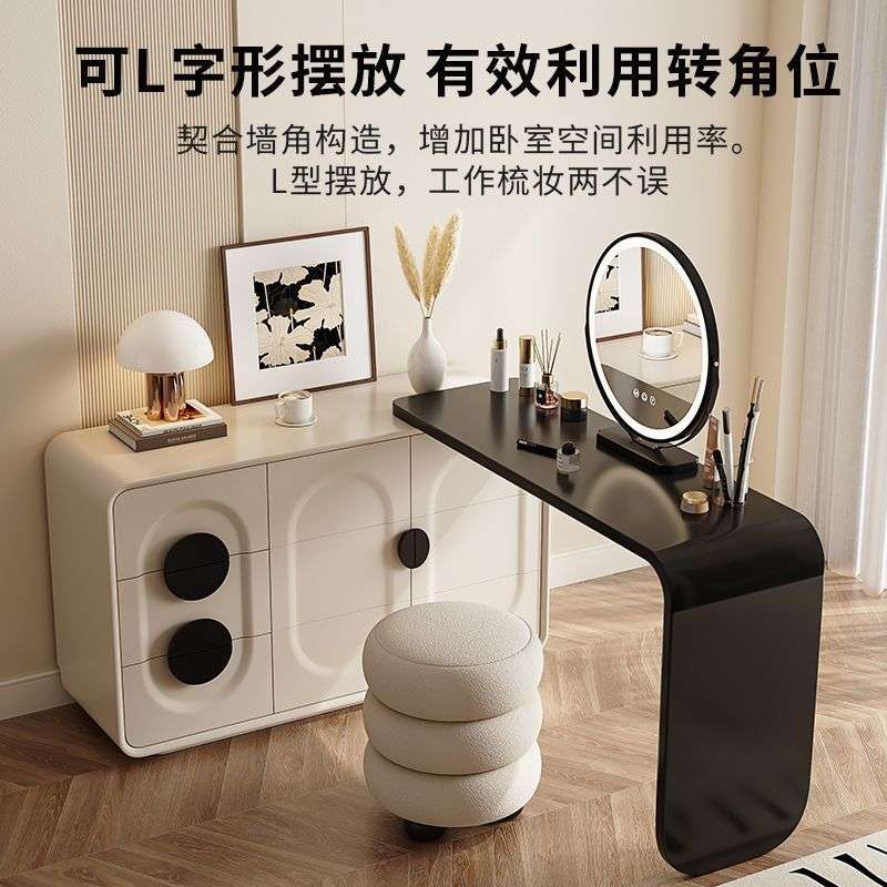 美式梳妆台烤漆轻奢化妆桌时尚奶油风可伸缩卧室梳妆台桌柜一体