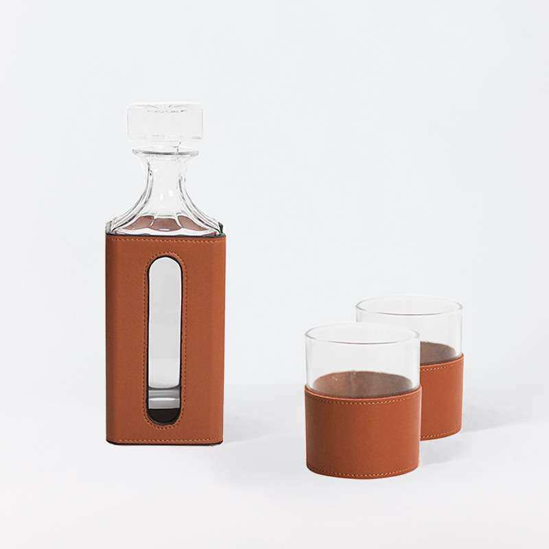 现代橙色皮革玻璃酒具套装客厅飘窗醒酒器装饰摆件餐桌茶几柜摆设