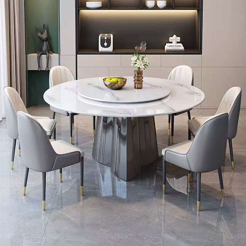 意式轻奢岩板圆桌现代简约餐桌椅组合家用小户型商用转盘圆形饭桌