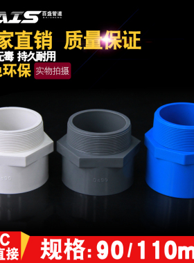 PVC外牙直接 螺纹外丝 直通外螺 接头 给水管 配件90 110白蓝灰色