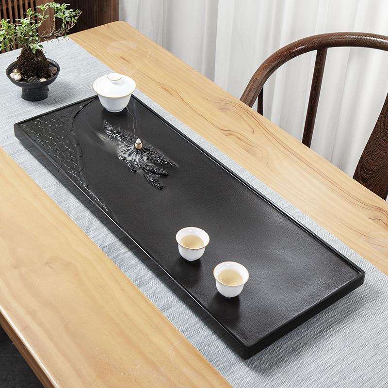 乌金石茶盘嵌入式整块纯天然石茶台家用办公室雕刻石头带排水新款