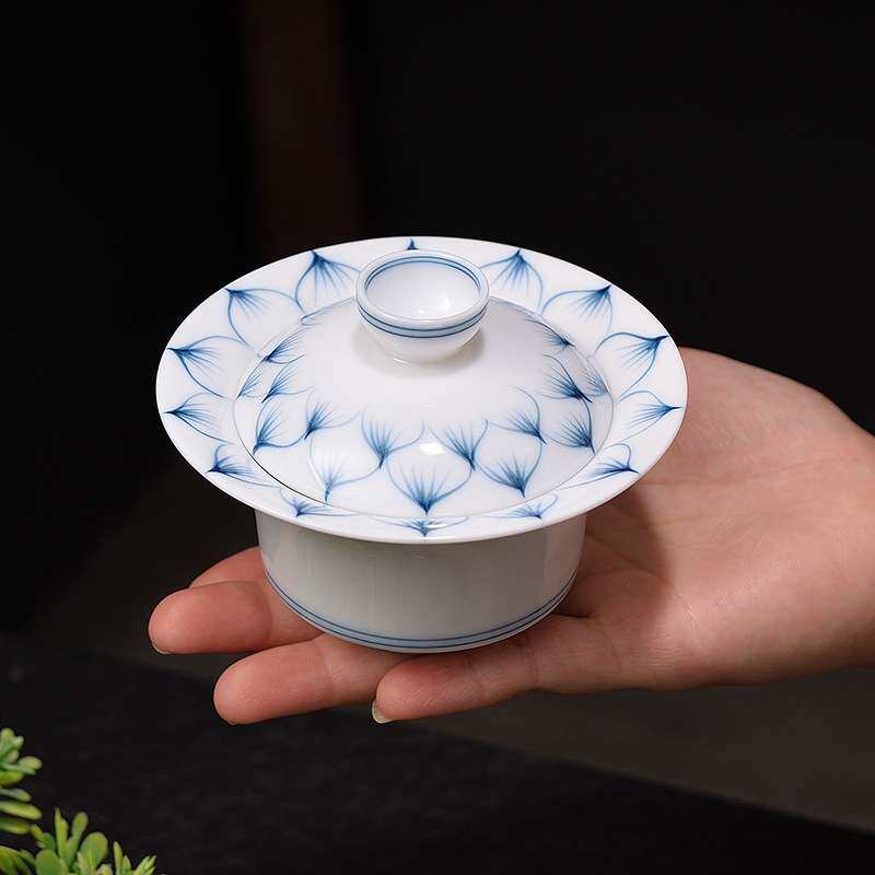大师纯手画二才盖碗茶杯敬茶碗家用泡茶沏茶冲茶器三才茶具莲花竹