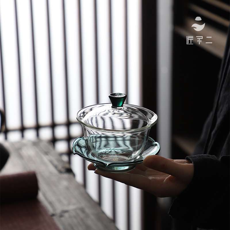 匠不二玻璃盖碗荷叶纹茶盖碗耐热加厚盖碗大号玻璃三才盖碗玻璃杯