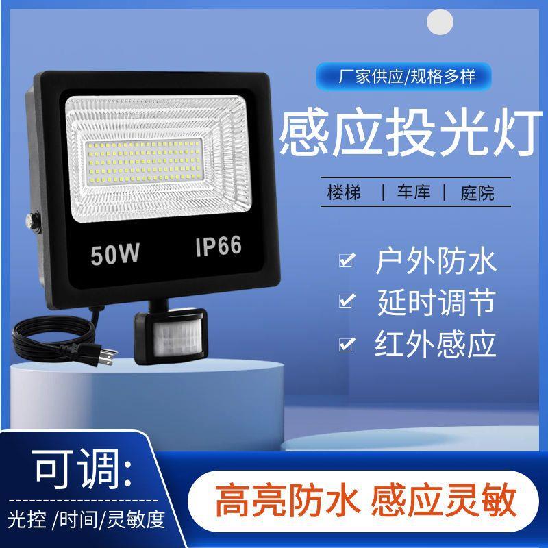 现货led感应投光灯50w人体感应车库户外灯庭院走廊led感应投光灯