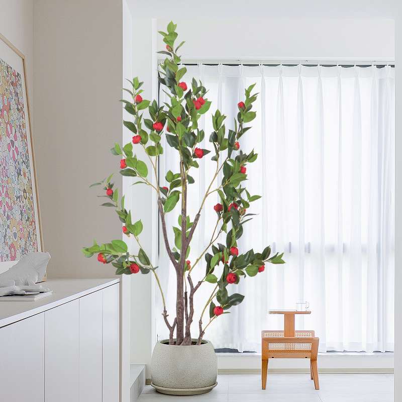 北欧仿真绿植家居客厅红色茶花仿生盆栽摆件橱窗落地装饰造景植物