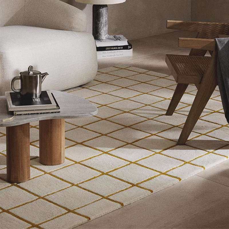 手工编织羊毛地毯客厅加厚现代简约轻奢高级别墅格子线条法式奶油