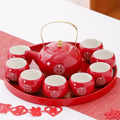茶具一新婚喜婚庆盘结婚陪嫁4喜茶套装口装改壶红色个整套敬茶杯