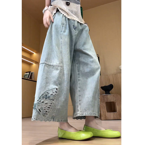 镂空蝴蝶刺绣弯刀牛仔裤女阔腿裤