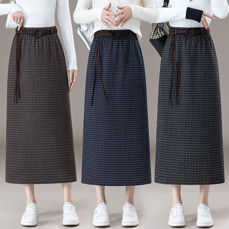 千鸟格半身裙女细格中长裙直筒裙