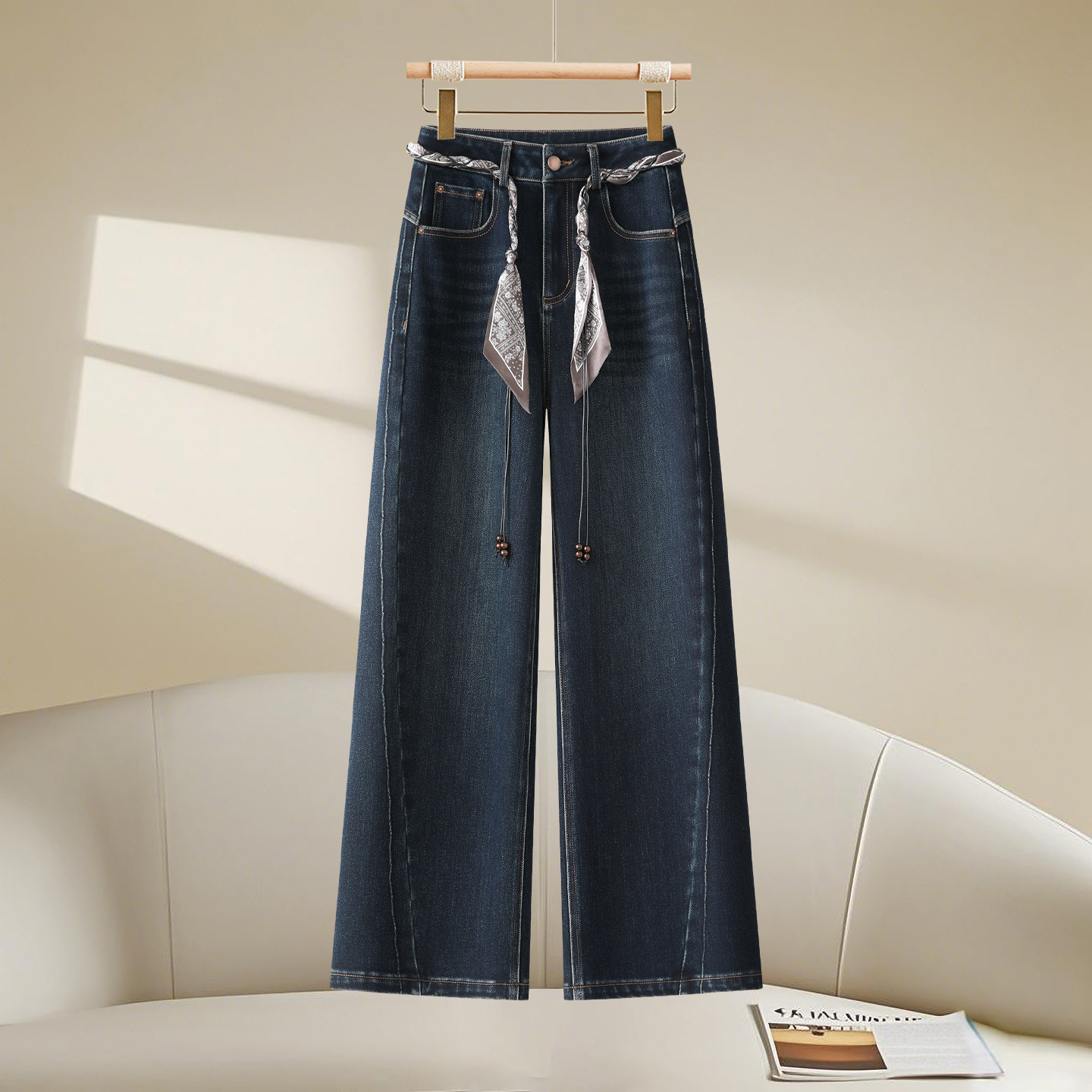 复古蓝系带阔腿牛仔裤女2025年冬季新款加厚植绒高腰显瘦直筒长裤,女装/女士精品,牛仔裤,淘宝优惠券,粉丝福利购,淘宝优惠卷