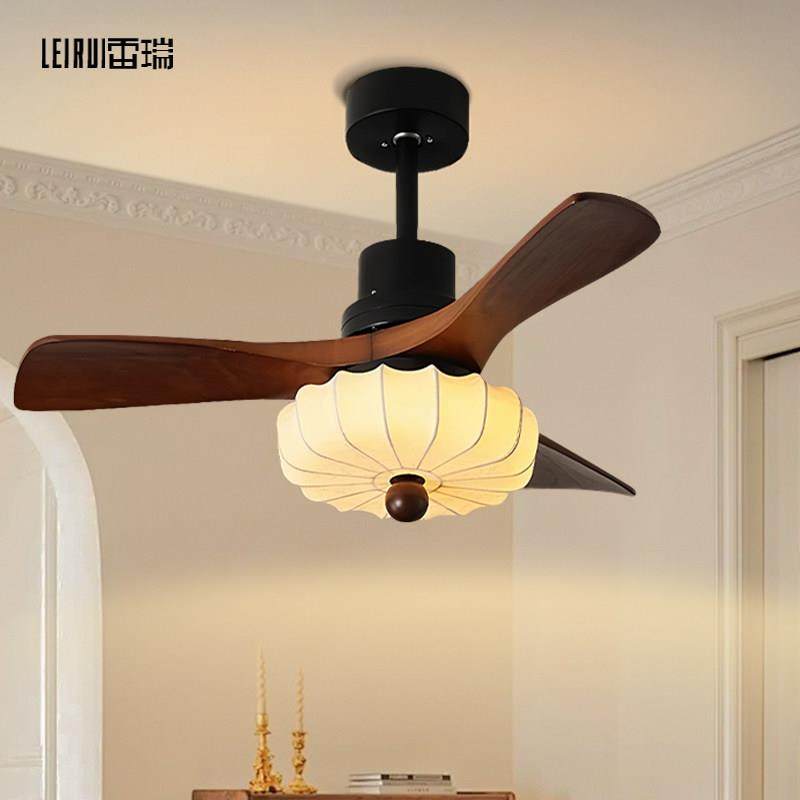 中古风覆古风扇灯客厅胡桃木色布艺吊扇灯饭厅灯具新中式电风扇灯