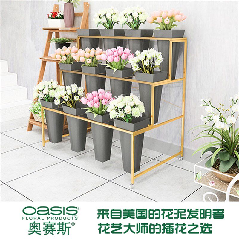 金色欧式花桶架铁艺花架可移动花器鲜花架花店展示架鲜花货架