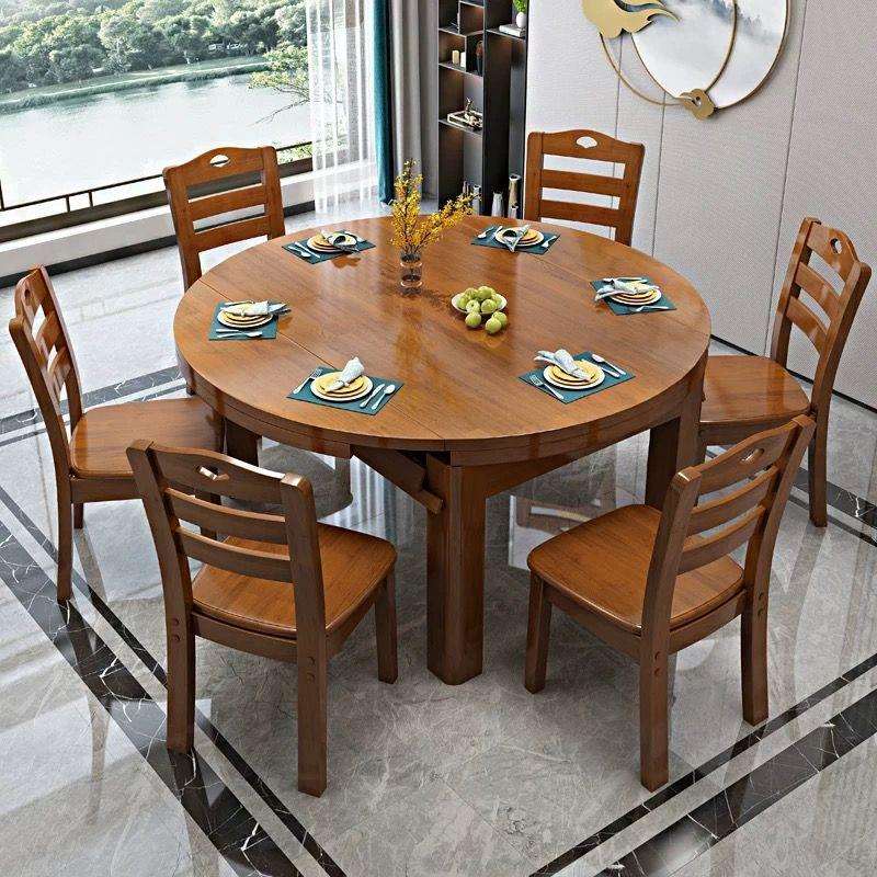 实木餐桌椅组合现代简约餐桌伸缩折叠圆桌小户型6/10人家用饭桌子