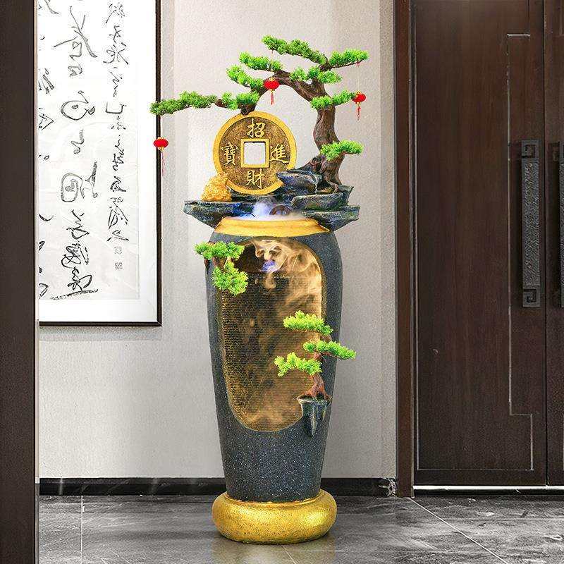 新中式流水喷泉电视柜旁边轻奢落地禅意庭院景观玄关客厅假山摆件