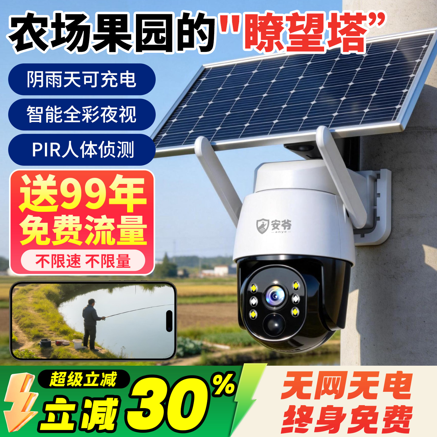 太阳能摄像头监视器360度无死角室外手机远程4G高清夜视无电无网