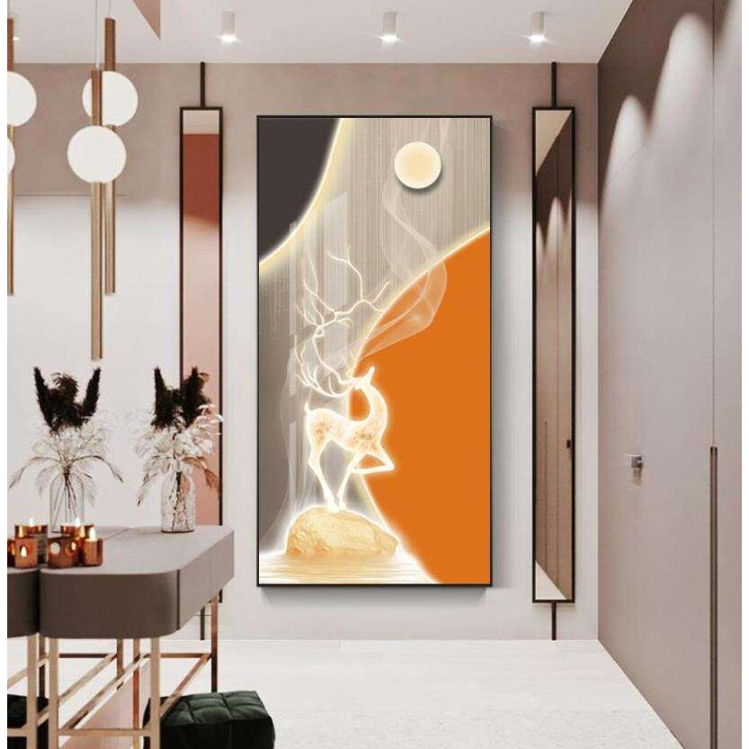 现代轻奢玄关LED灯带装饰画福鹿呈祥好寓意走廊过道壁画入户挂画图片